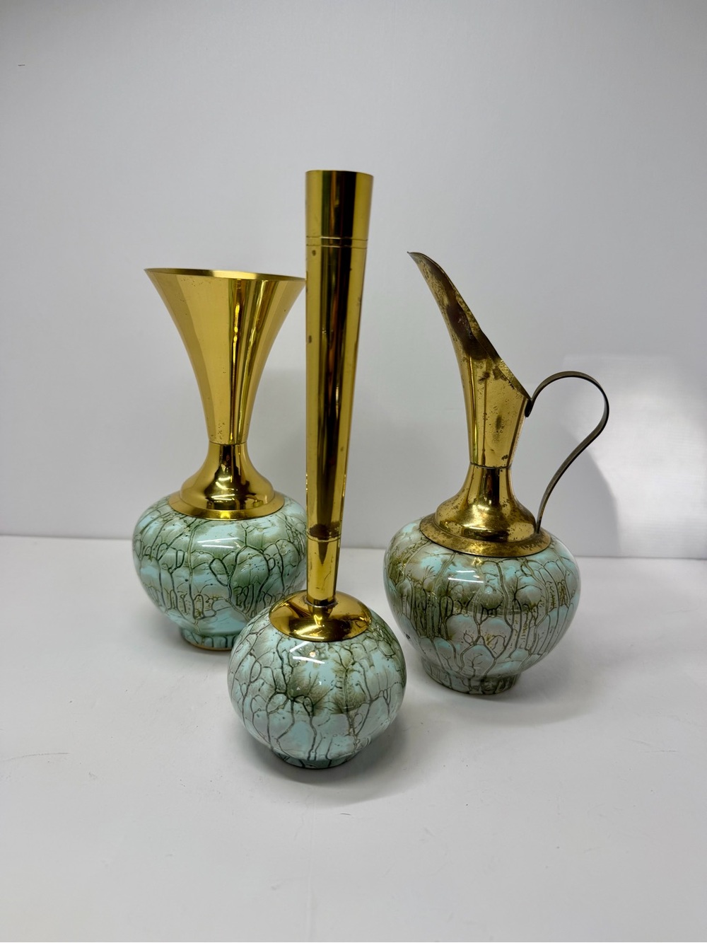 Vintage Hand Painted Delft Holland Ceramic & Brass Vase Set